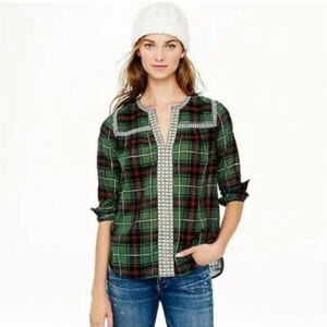J.Crew Green Black Plaid Embroidered Blouse Women's Size 0